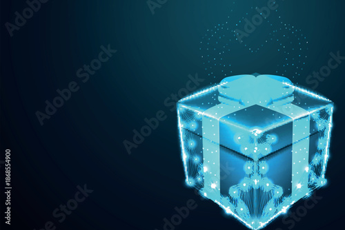 Blue wireframe gift box with bow on dark background