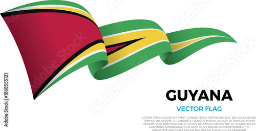 Flag of Guyana. Guyanese and South American Culture. Shining flag with realistic shadows waving in three layers. The elegant curves and realistic shading create a sense of motion