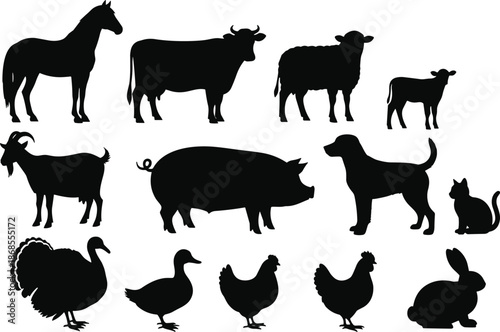 Farm animal silhouette collection, horse cow sheep pig dog poultry rabbit monochrome vector illustration set for agriculture, livestock, rural design icons
