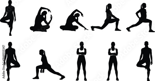 Female fitness and yoga silhouette collection, dynamic stretching, balance and workout poses monochrome vector illustration set for wellness training, sports design graphics
