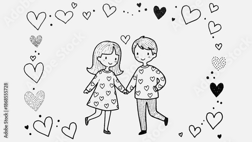 Hand drawn cartoon couple holding hands surrounded by hearts.