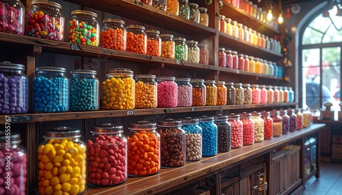 A colorful array of glass jars filled with assorted candies, arranged on wooden shelves in a candy store