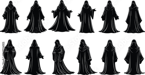Hooded monk and wizard silhouette collection, mysterious robed fantasy characters monochrome vector illustration set for magic design, occult symbols, gothic game art