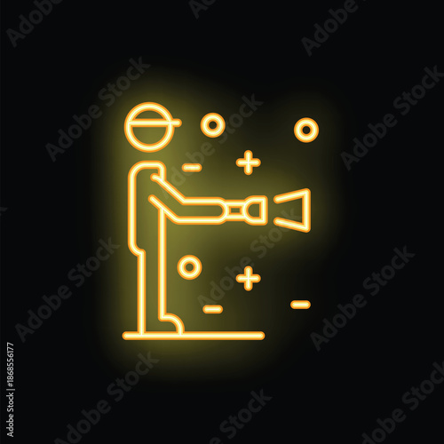 Neon sign style icon depicting a construction worker holding a flashlight, exploring and searching