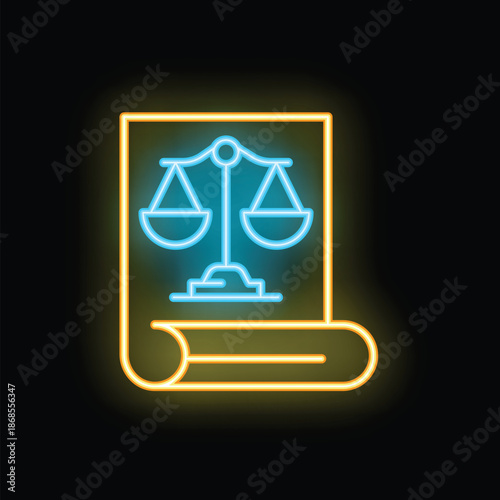 Neon sign illustrating scales of justice on a document, symbolizing law, justice, and legal proceedings