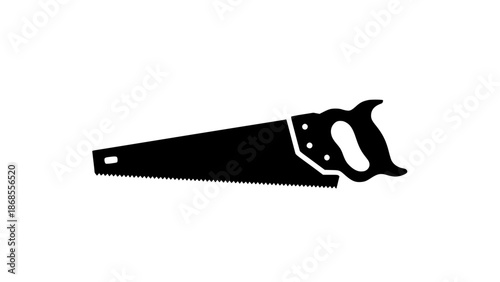 A black silhouette of a handsaw on a white background