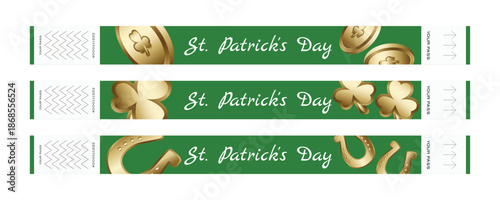 Set of green festival wristbands with shamrocks leprechaun gold coins and horseshoes for Irish celebrations