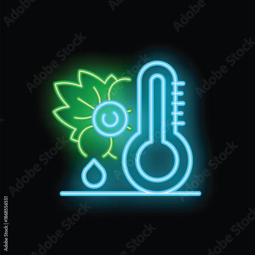 Neon icon representing a thermometer, a water drop and a flower, symbolizing the best temperature and humidity level for plants to thrive