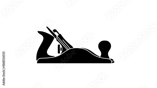 A black silhouette of a hand plane on a white background