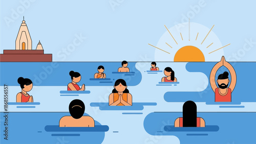 This flat design illustration portrays the sacred ritual of Ganga Snan, a holy bath taken in rivers during Makar Sakranti for purification and blessings.