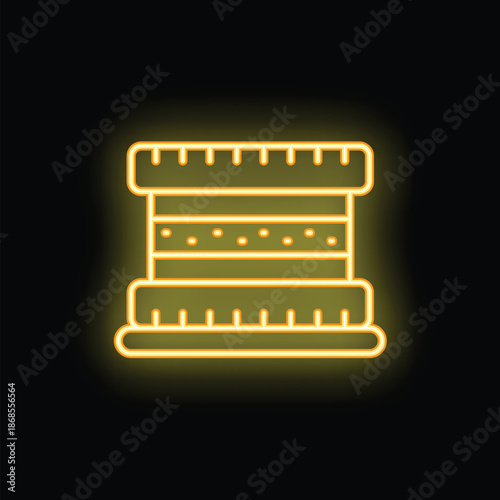 Glowing yellow neon icon of a stack of memory foam mattresses, symbolizing comfort and a good night's sleep