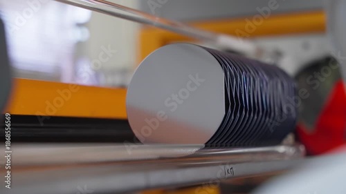 Automated semiconductor fabrication footage of a robotic handling system transporting stacked silicon wafers through equipment inside a cleanroom microfabrication environment.