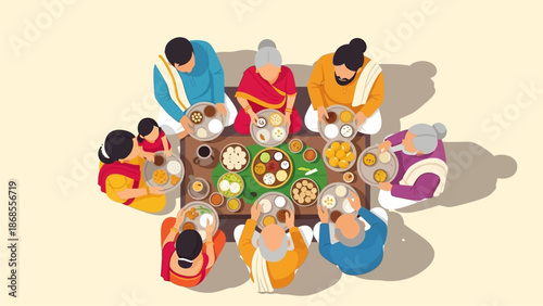 A heartwarming flat design illustration portraying a multi-generational Indian family celebrating Makar Sankranti with joy and togetherness. 