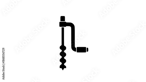 A black and white illustration of a vintage hand drill tool