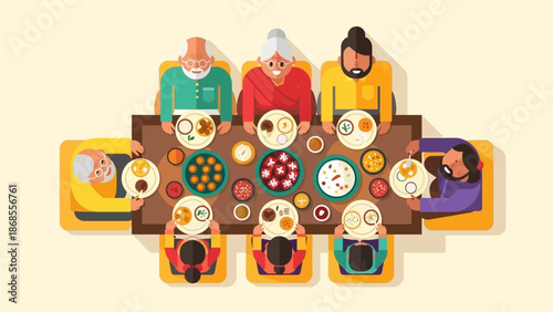 A heartwarming flat design illustration portraying a multi-generational Indian family celebrating Makar Sankranti with joy and togetherness. 