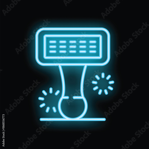 Glowing neon line icon of an ipl laser device for hair removal treatment, isolated on a black background