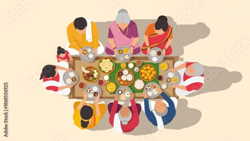 A heartwarming flat design illustration portraying a multi-generational Indian family celebrating Makar Sankranti with joy and togetherness. 