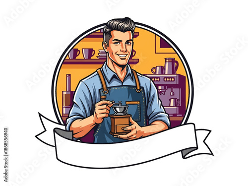 Vintage pin-up style male barista vector illustration smiling with coffee cup in cafe interior, flat solid colors, clean outlines, circular coffee bean logo badge, poster ready