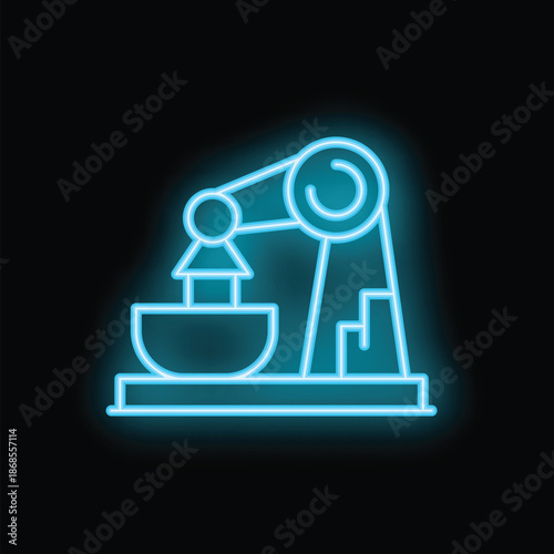 Bright blue neon sign depicting a robotic arm picking up an object, symbolizing automation and industry