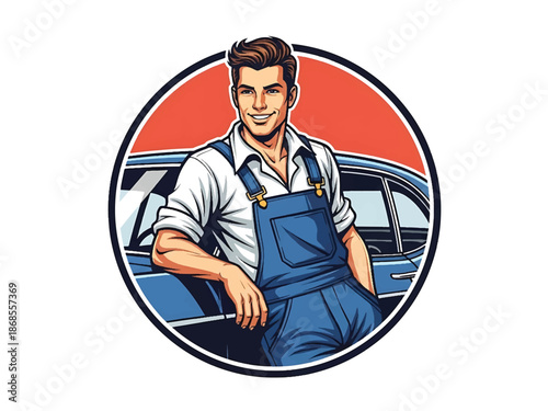 Vintage pin-up style male mechanic vector illustration leaning on classic car in retro garage, rolled sleeves, confident smile, flat solid colors, clean outlines, wrench logo badge