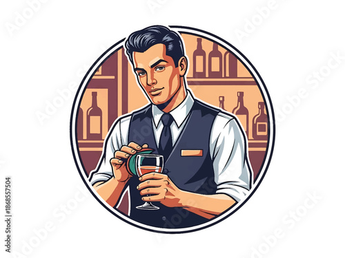 Vintage pin-up style male bartender vector illustration polishing a glass in classic bar interior, retro vest and tie, flat colors, clean outlines, cocktail logo badge, poster ready