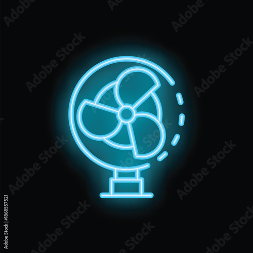 Blue neon icon of an electric fan rotating and spreading cool air