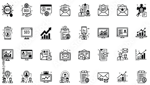 A comprehensive collection of diverse black and white line icons representing search engine optimization, analytics, user profiles, and email communication systems.