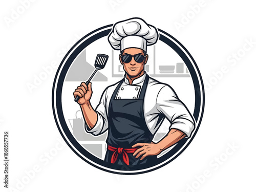 Vintage pin-up style male chef vector illustration holding frying pan in retro diner kitchen, 1950s attire, flat solid colors, clean outlines, fork and spoon logo badge, poster ready