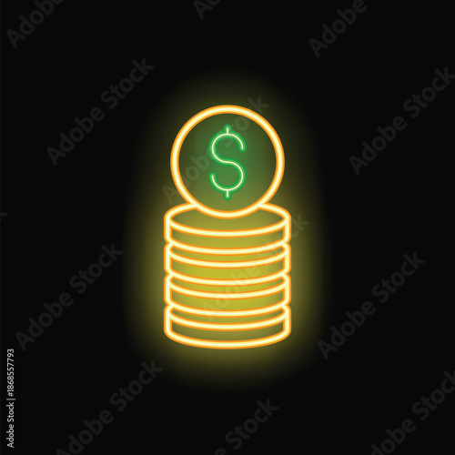Neon icon of a stack of coins getting taller, representing the concept of investment growth