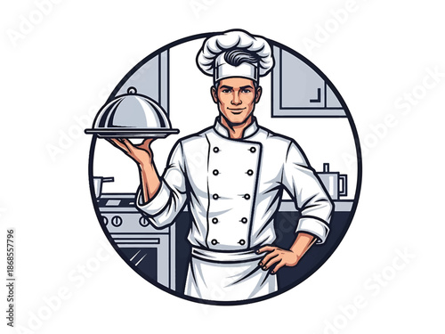 Vintage pin-up style male chef vector illustration holding frying pan in retro diner kitchen, 1950s attire, flat solid colors, clean outlines, fork and spoon logo badge, poster ready