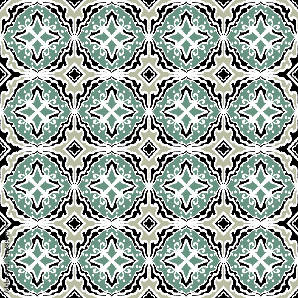 Obraz premium White-Green Tribal Circle-Diamond Pattern on Black Tribal diamonds in white and green with circular flourishes and black-white waves, rhythmic and traditional.