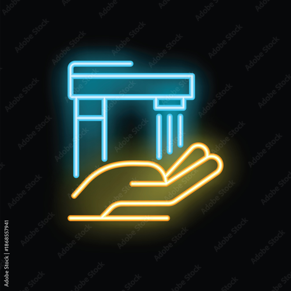 Fototapeta premium Neon sign of a hand washing with soap and water, promoting hygiene and cleanliness