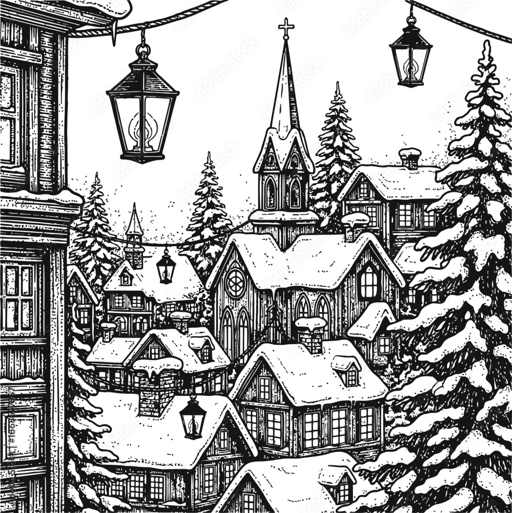 Obraz premium Winter Village Scene with Snow-Covered Houses and Lanterns in Hand-Drawn Style