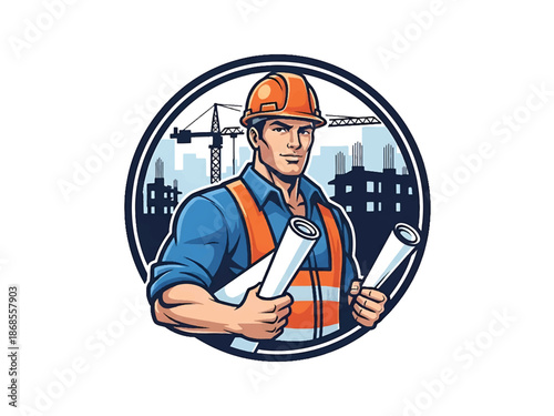 Vintage pin-up style male construction worker vector illustration with hard hat and blueprints, flat colors, clean outlines, construction silhouettes, building logo badge, poster ready