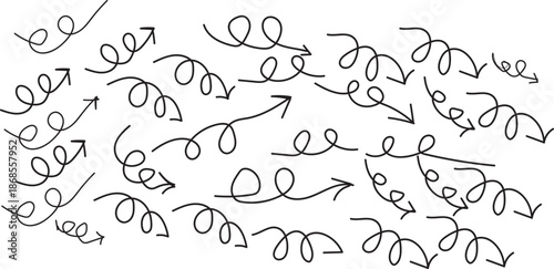 Set of hand drawn arrows doodle on black background. Doddle arrow set.