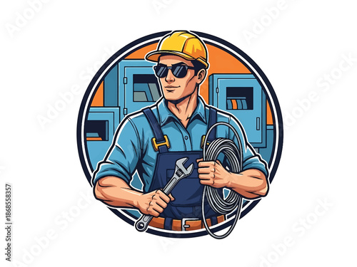 Vintage pin-up style male electrician vector illustration holding tools and cable in workshop, flat colors, clean outlines, power panels, lightning logo badge, poster ready