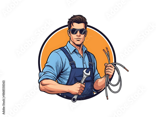 Vintage pin-up style male electrician vector illustration holding tools and cable in workshop, flat colors, clean outlines, power panels, lightning logo badge, poster ready