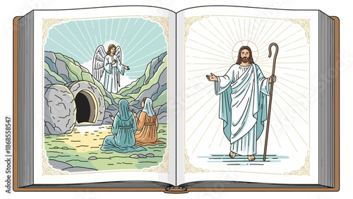 Illustrated open book showing Christian Resurrection empty tomb with angel and women, and a radiant Jesus Christ with staff