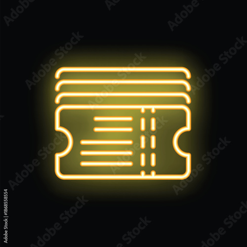 Neon yellow icon of tickets glowing on black background