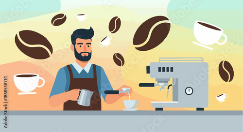 Barista preparing coffee with espresso machine and coffee beans.