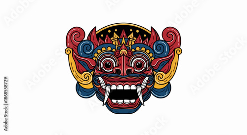 Intricate Balinese Barong Mask Depicting Mythological Creature with Detailed Features.