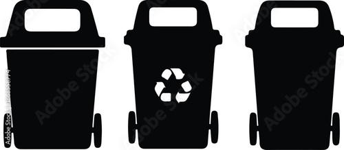 Silhouette of three wheeled trash cans with recycling symbol Vector Illustration
