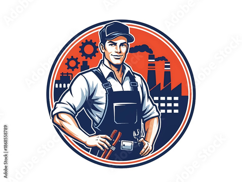 Vintage pin-up style male factory worker vector illustration operating machinery with gears, flat colors, clean outlines, industrial factory interior, gear logo badge, poster ready