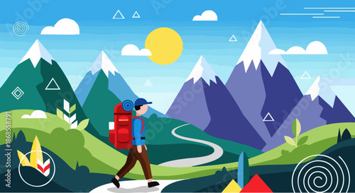 Hiker with Backpack on Mountain Trail Adventure Illustration.