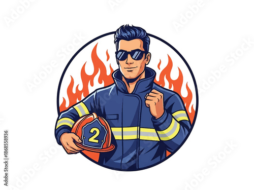 Vintage pin-up style male firefighter vector illustration holding helmet, heroic friendly pose, flat colors, clean outlines, fire station elements, fire emblem logo badge