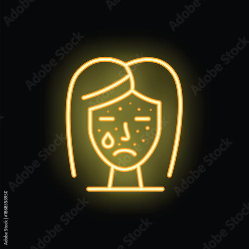Yellow neon icon representing a person crying because of acne, useful for websites and applications