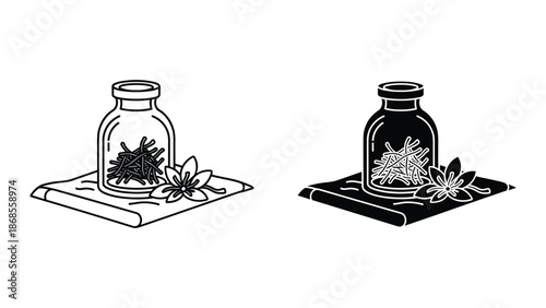 Black and white illustration of herb in glass bottle