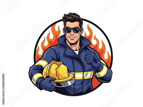 Vintage pin-up style male firefighter vector illustration holding helmet, heroic friendly pose, flat colors, clean outlines, fire station elements, fire emblem logo badge
