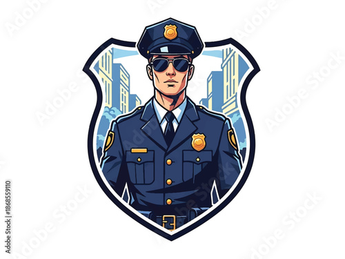 Vintage pin-up style male police officer vector illustration in classic uniform, confident stance, flat solid colors, clean outlines, city background, shield logo badge, poster ready