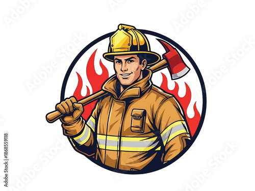 Vintage pin-up style male firefighter vector illustration holding helmet, heroic friendly pose, flat colors, clean outlines, fire station elements, fire emblem logo badge